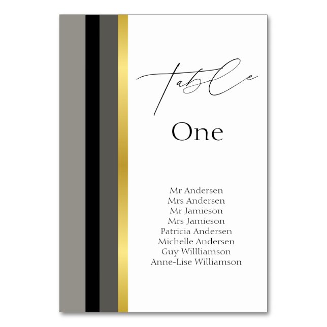 Elegant Black Gray Gold Stripes Typography Wedding Table Number (Front)