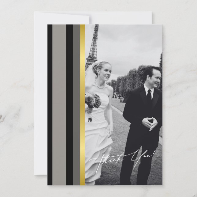 Elegant Black Gray Gold Stripes Typography Wedding Thank You Card (Front)