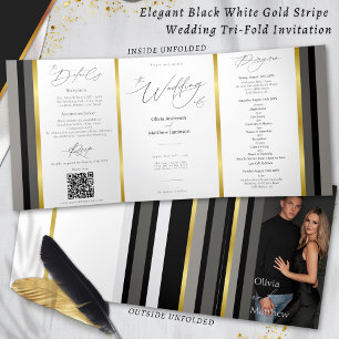Elegant Black Gray Gold Stripes Typography Wedding Tri-Fold Card
