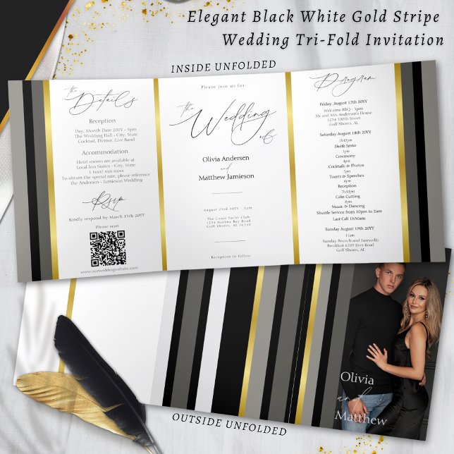 Elegant Black Gray Gold Stripes Typography Wedding Tri-Fold Card (Creator Uploaded)