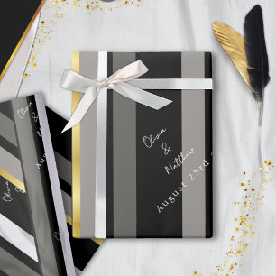 Elegant Black Gray Gold Stripes Typography Wedding Wrapping Paper
