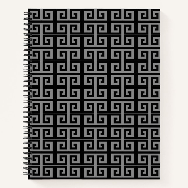 Elegant Black & Gray Greek Pattern Notebook (Front)
