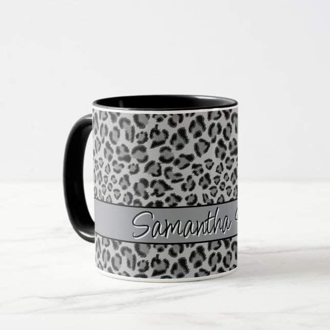 Elegant Black gray Leopard cheetah pattern Mug (Front Left)