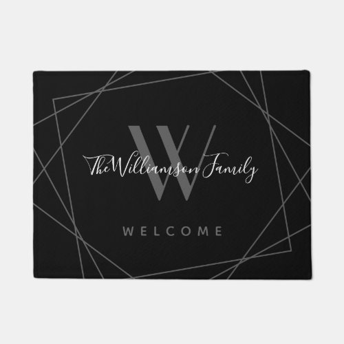 Elegant Black Gray Monogram Family Name Script Doormat