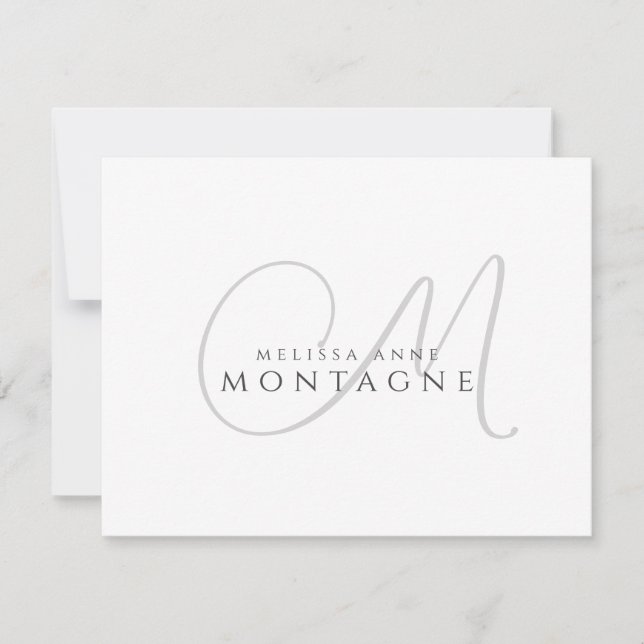 Elegant Black Gray Monogram Flat Note Card (Front)