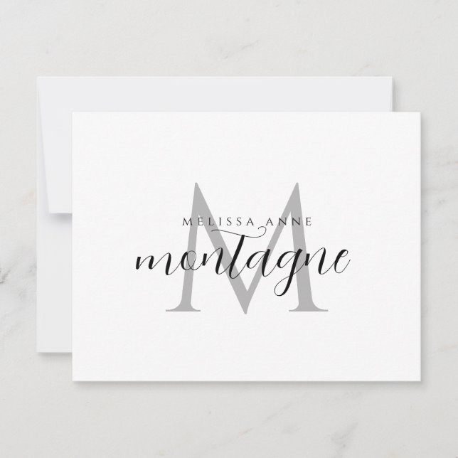 Elegant Black Gray Monogram Flat Note Card (Front)