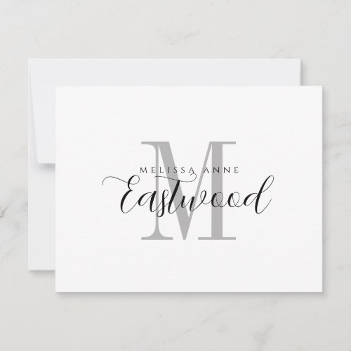 Elegant Black Gray Monogram Flat Note Card