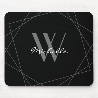 Elegant Black Gray Monogram Geometric Name Script Mouse Pad