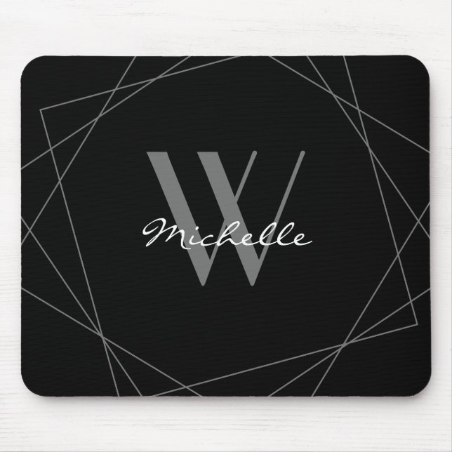 Elegant Black Gray Monogram Geometric Name Script Mouse Pad (Front)