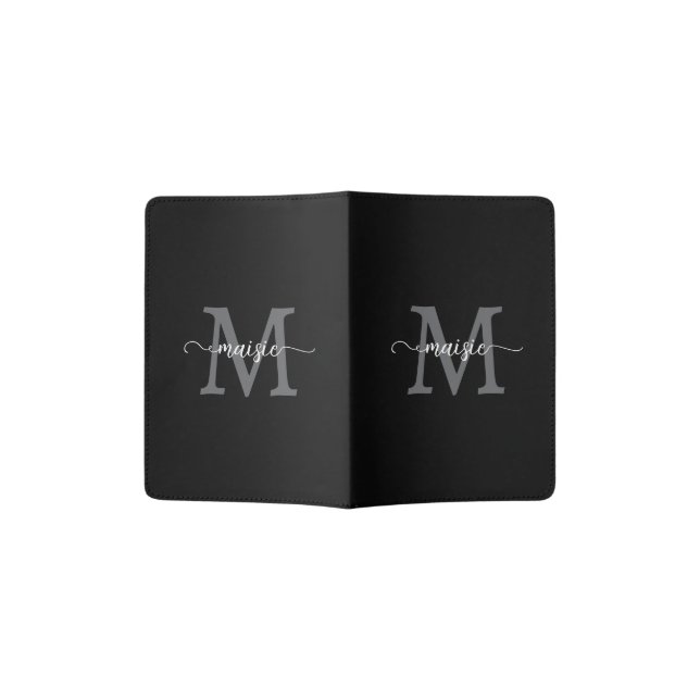 Elegant Black Gray Monogram Initial Script Name Passport Holder (Opened)