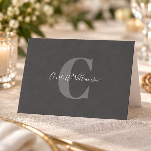 Elegant Black Gray Monogram Script Name Stationery Note Card