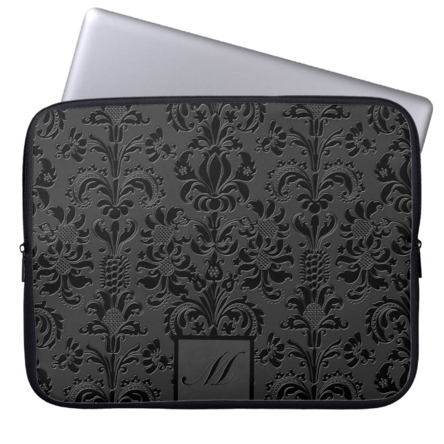 Elegant Black & Gray Monotones Floral Damasks 2 Laptop Sleeve (Front)