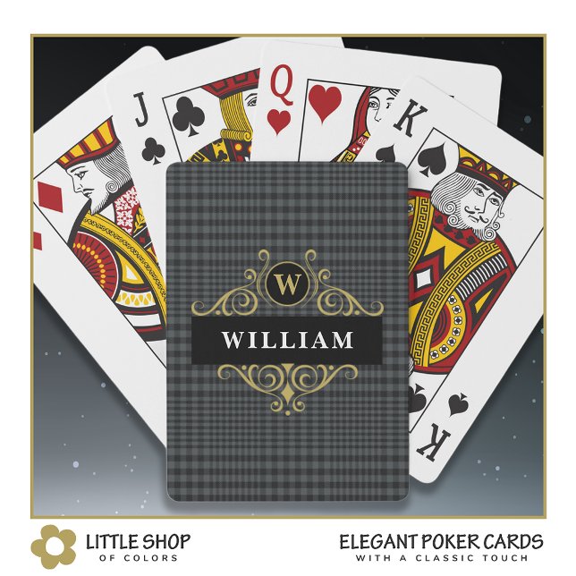 Elegant Black Gray Plaid Gold Emblem Monogram Name Poker Cards (Creator Uploaded)