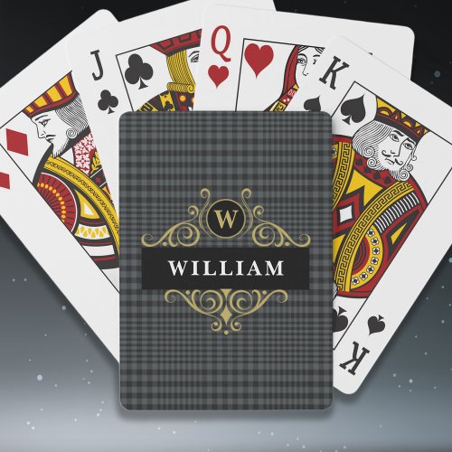 Elegant Black Gray Plaid Gold Emblem Monogram Name Poker Cards