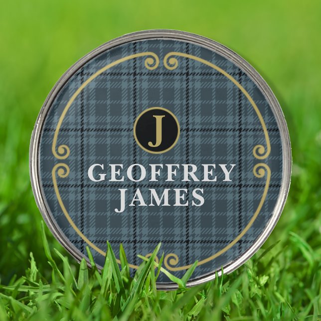 Elegant Black Gray Plaid Monogram Golf Ball Marker (Creator Uploaded)