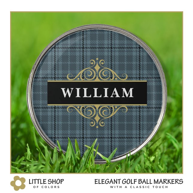 Elegant Black Gray Plaid Personalized Golf Ball Marker (Creator Uploaded)