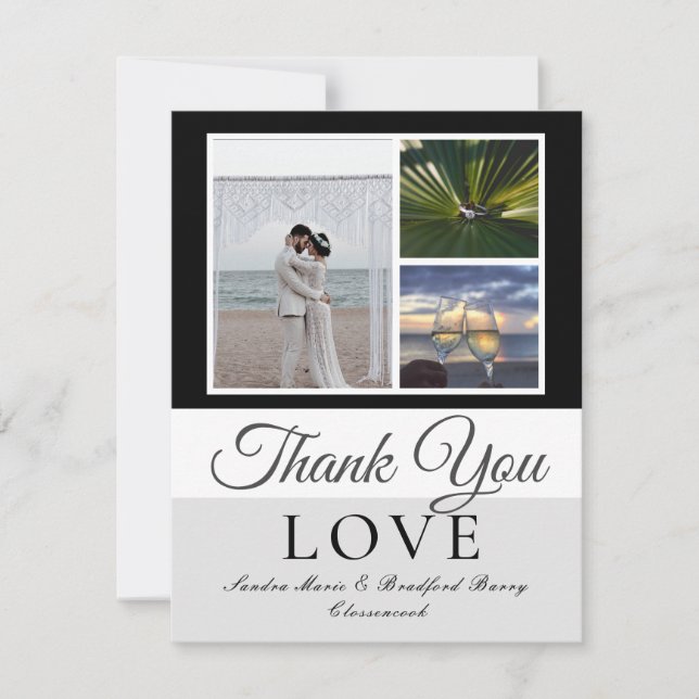 Elegant Black Gray Script Wedding Photo collage  Thank You Card (Front)
