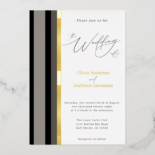 Elegant Black Gray Stripes Wedding Gold Foil Invitation (Front)