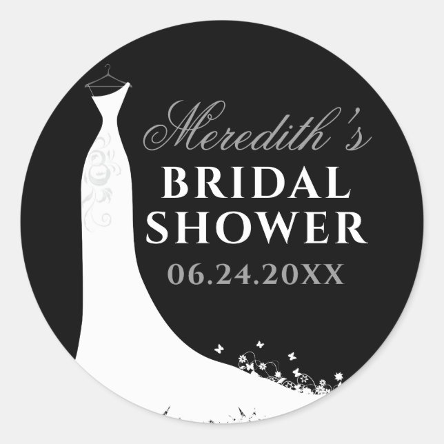 Elegant Black Gray Wedding Gown Bridal Shower Classic Round Sticker (Front)