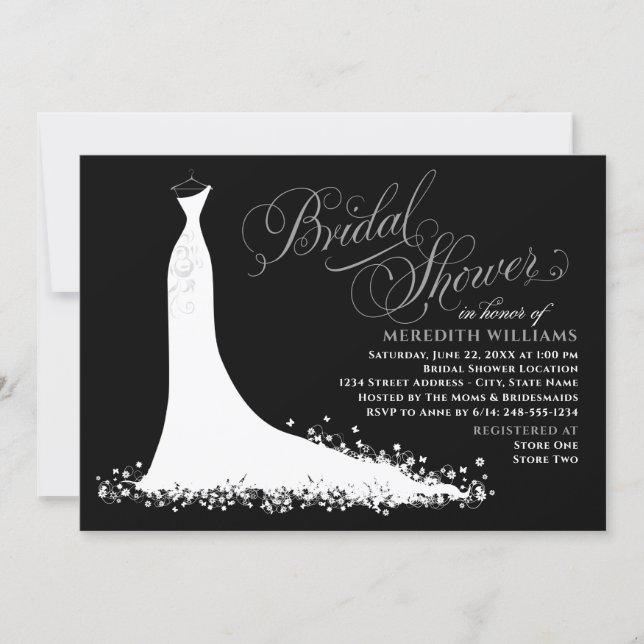 Elegant Black Gray Wedding Gown Bridal Shower Invitation (Front)