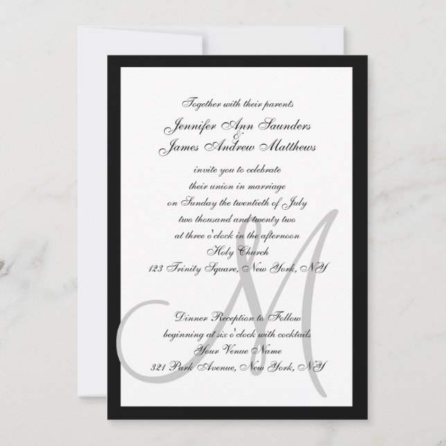 Elegant Black Gray Wedding Invitations Initial (Back)
