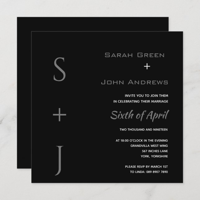 Elegant Black Gray Wedding Square Invitation (Front/Back)