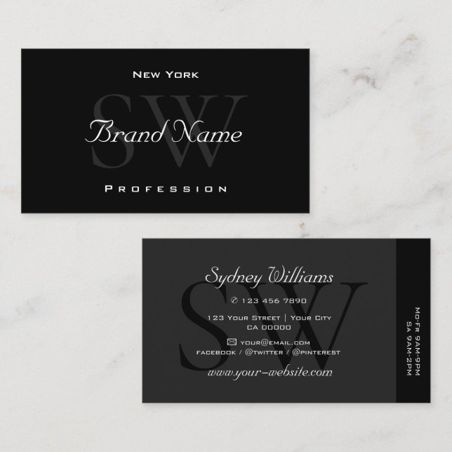 Elegant Black Gray White Large Initials Quality Business Card (Front/Back)
