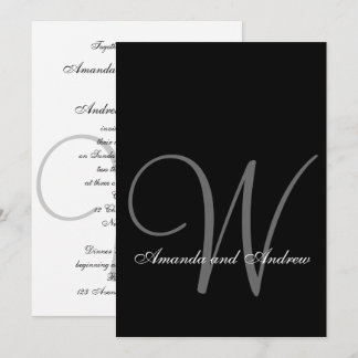Elegant Black Gray White Monogram Wedding Invitation