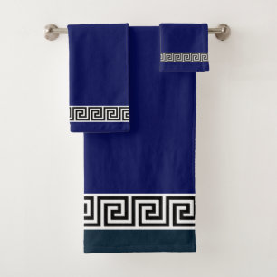 Elegant Black Greek Pattern on Dark Navy Blue Bath Towel Set