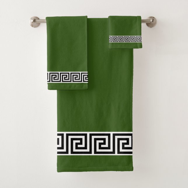 Elegant Black Greek Pattern on Forest Green Bath Towel Set (Insitu)