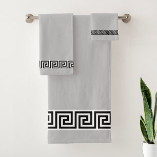 Elegant Black Greek Pattern on Light Silver Gray Bath Towel Set
