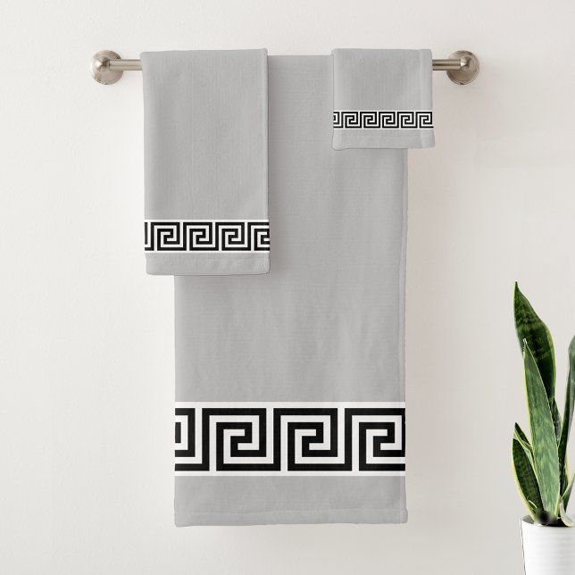 Elegant Black Greek Pattern on Light Silver Gray Bath Towel Set (Creator Uploaded)