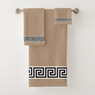 Elegant Black Greek Pattern on Lucky Beige Bath Towel Set