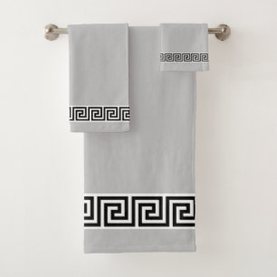 Elegant Black Greek Pattern on Silver Gray Bath Towel Set