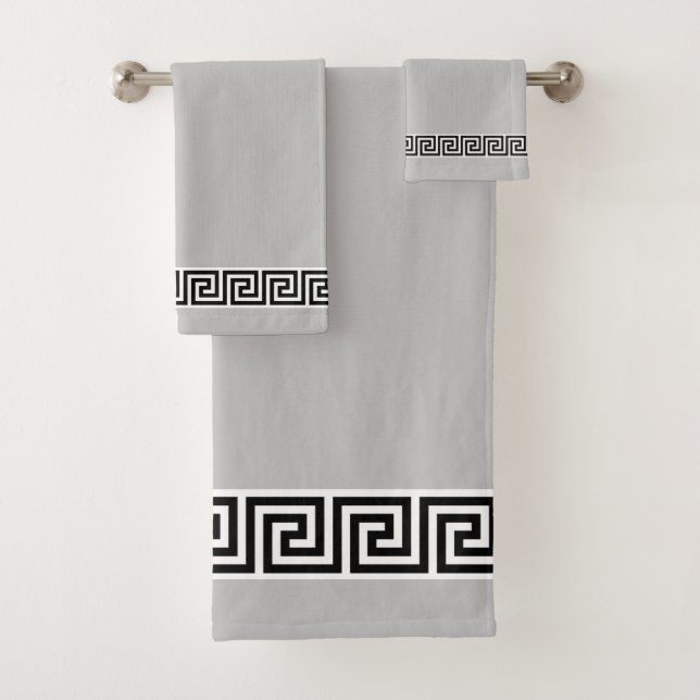 Elegant Black Greek Pattern on Silver Gray Bath Towel Set (Insitu)