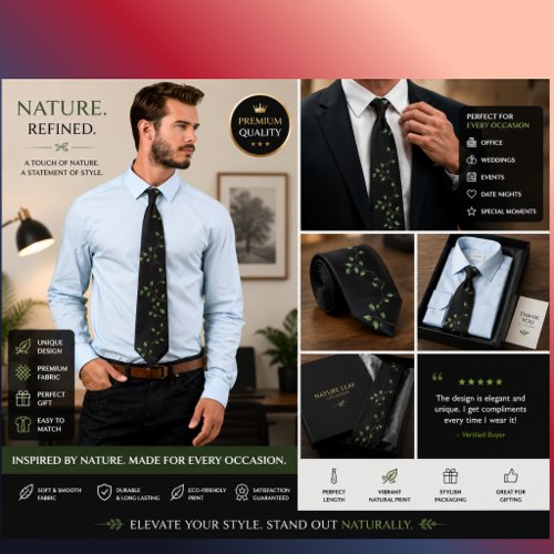 Elegant Black Green Botanical Tie | Stylish Leaf &