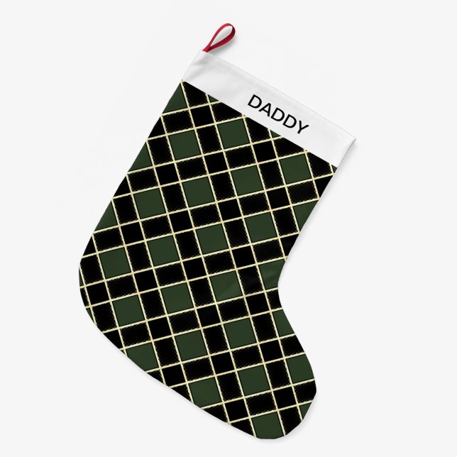Elegant Black & Green Diamond Pattern Large Christmas Stocking (Front (Hanging))