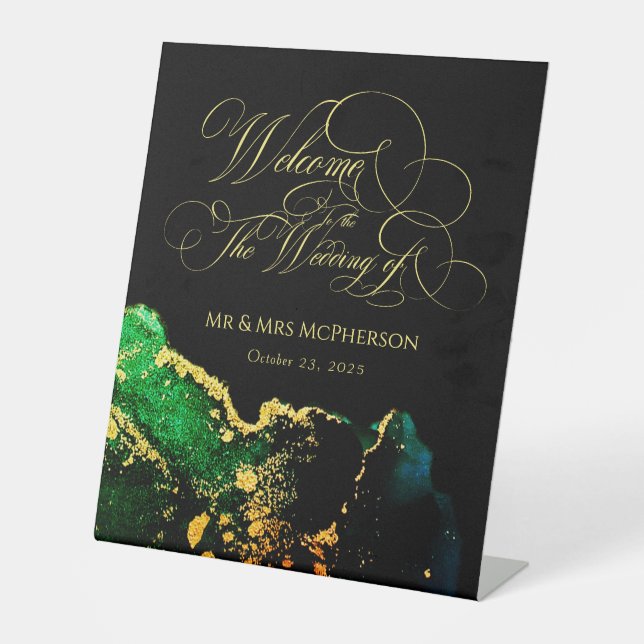 Elegant Black Green Gold Calligraphy Wedding Pedestal Sign (Front)