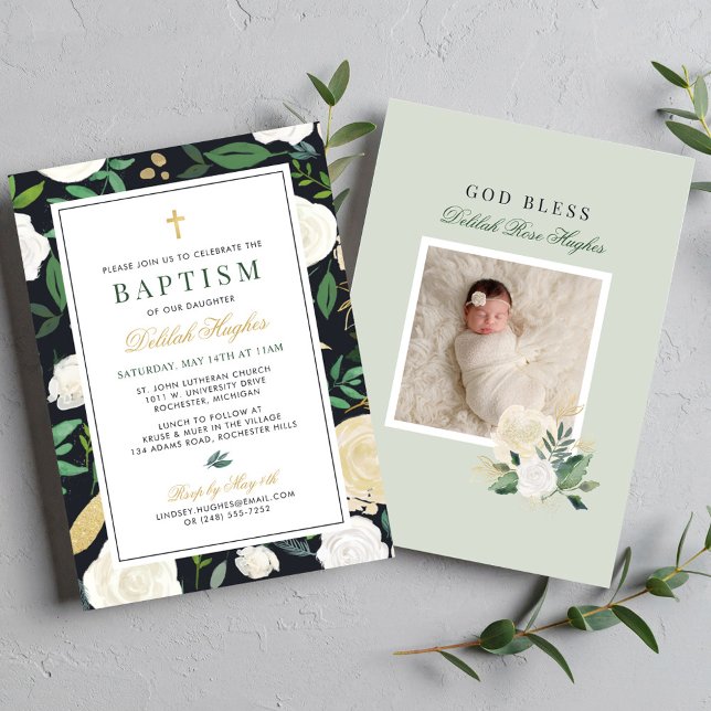 Elegant Black Green Gold Floral Girl Baptism Invitation (Creator Uploaded)