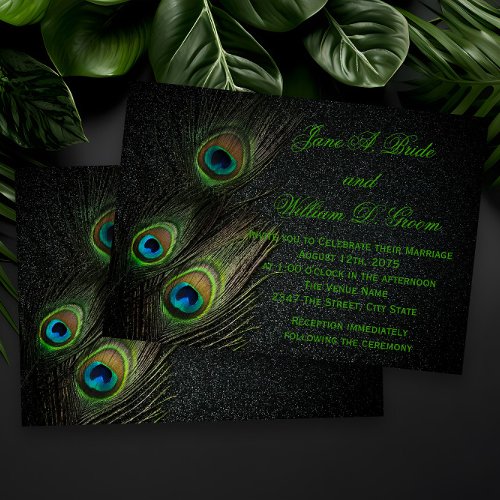 Elegant Black Green Gold Peacock Wedding Invitation