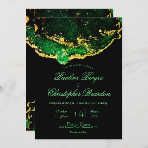 Elegant Black Green Gold Wedding Invitation