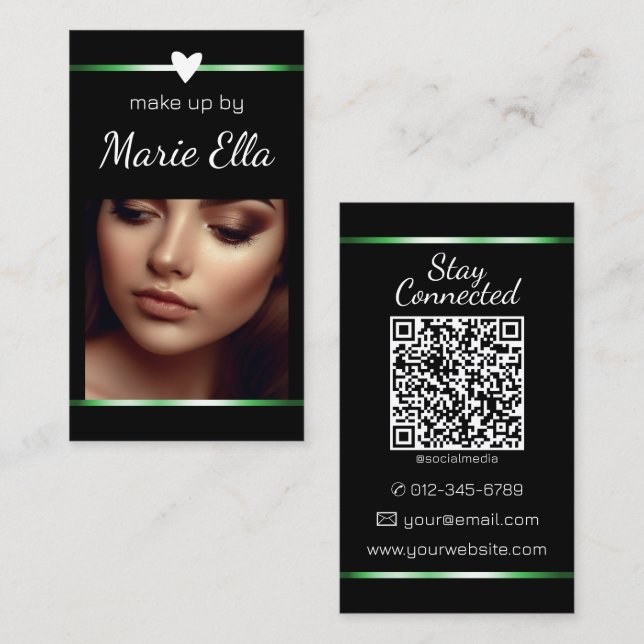 Elegant Black Green Heart Photo QR Code Template  Business Card (Front/Back)