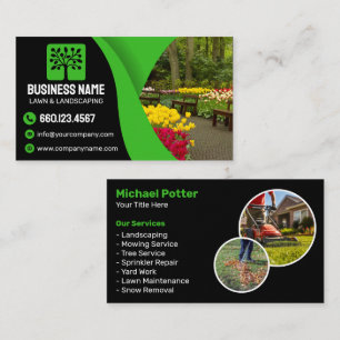 Elegant Black Green Landscaping Lawn Care Service Business Card
