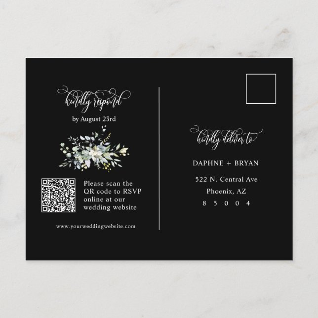 Elegant Black Green Leaves QR Code Address RSVP Postcard (Back)