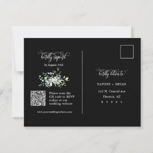 Elegant Black Green Leaves QR Code Address RSVP Postcard