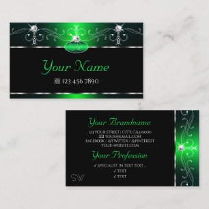 Elegant Black Green Ornate Sparkle Jewels Initials Business Card