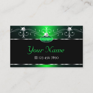 Elegant Black Green Ornate Sparkle Jewels Initials Business Card