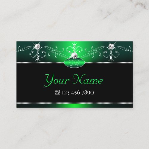Elegant Black Green Ornate Sparkle Jewels Initials Business Card