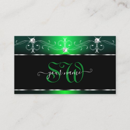 Elegant Black Green Ornate Sparkle Jewels Monogram Business Card