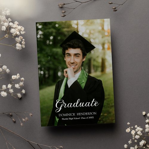 Elegant Black Green Photo Graduation Party Invitation